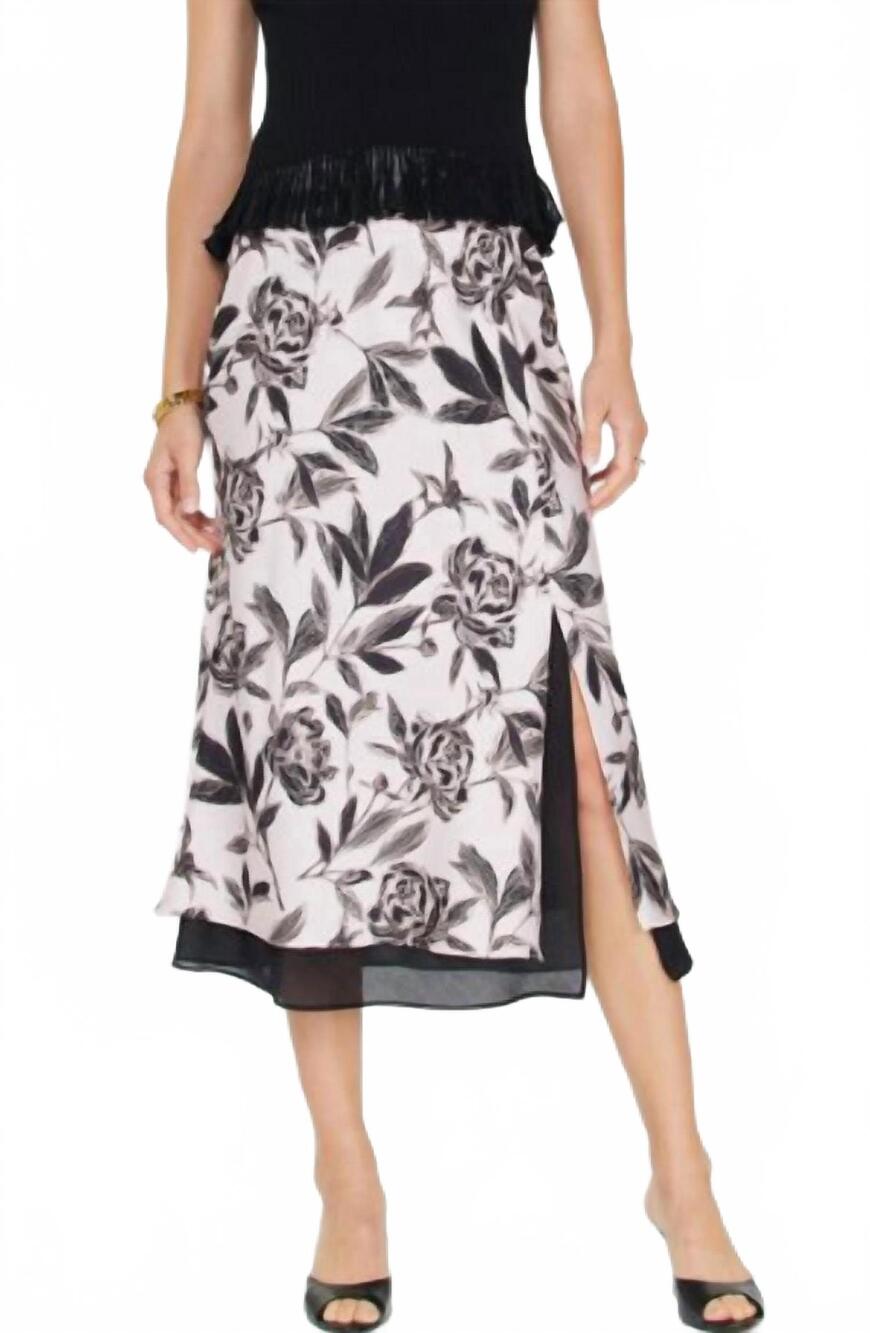 NEW CURRENT AIR floral print contrast-hem slit midi skirt in white black